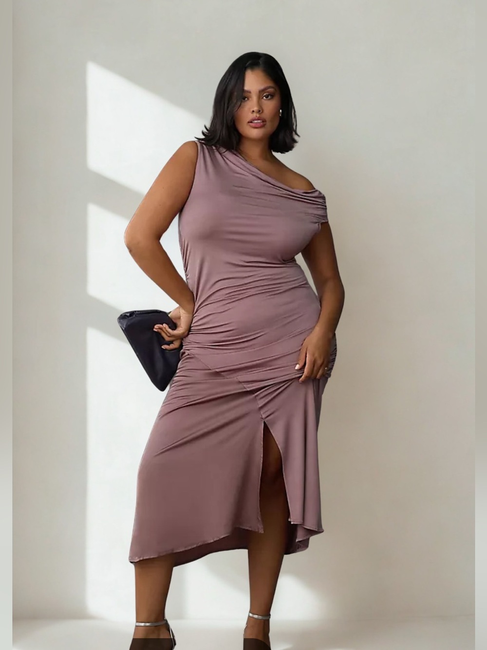 NWT Anthropologie Asymmetrical Slim Midi Dress – Mauve/ Taupe, Size L